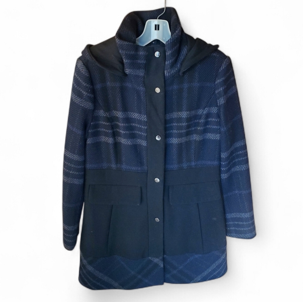 Guess Los Angeles Wool Navy Black Plaid Coat Medium M